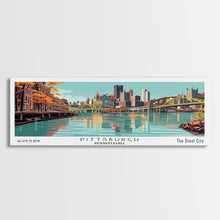Load image into Gallery viewer, Pittsburgh Pennsylvania Panoramic Wall Art, Mid Century Modern Framed Canvas Print, Retro Pop Art Travel Poster, Office Decor, Gift Idea