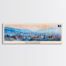 Load image into Gallery viewer, Bijeljina Bosnia Panoramic Travel Poster, Framed Canvas Print or Metal Wall Art, Travel Art, Home Decor, Panoramic Painting, Midcentury Art