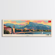 Load image into Gallery viewer, Antalya Turkey Panoramic Travel Poster, Framed Canvas Print or Metal Wall Art, Travel Art, Home Decor, Panoramic Painting, Midcentury Art