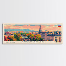 Load image into Gallery viewer, Chelyabinsk Russia Panoramic Travel Poster, Framed Canvas Print or Metal Wall Art, Travel Art, Home Decor, Panoramic Painting, Midcentury Art