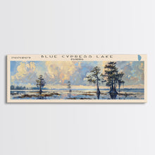Load image into Gallery viewer, Blue Cypress Lake Florida Framed Canvas Print, Lake House Art, Panoramic Scenic View, Travel Poster, Modern Decor, Lake Painting