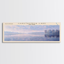 Cargar imagen en el visor de la galería, Chautauqua Lake New York Framed Canvas Print, Lake House Art, Panoramic Wide Wall Art, Travel Poster, Modern Lake Painting, Nature Art