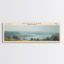 Load image into Gallery viewer, Devils Lake North Dakota Framed Canvas Print, Lake House Art, Panoramic Travel Poster, Wall Art, Modern Lake Painting, Home Decor