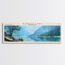 Load image into Gallery viewer, Diablo Lake Washington Framed Canvas Print, Lake House Art, Panoramic Wall Art, Travel Poster, Minimalist Lake Painting, Home Decor