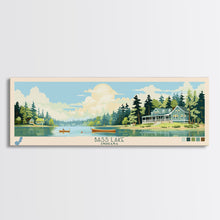 Load image into Gallery viewer, Bass Lake Indiana Framed Canvas Print, Panoramic Travel Poster, Midcentury Modern Wall Art, Pop Art, Nature Bedroom Decor, Lake House Art, Scenic Lake House