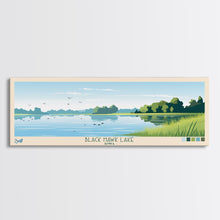 Load image into Gallery viewer, Black Hawk Lake Iowa Framed Canvas Print, Panoramic Travel Poster, Midcentury Modern Wall Art, Pop Art, Nature Bedroom Art, Scenic Lake House Decor