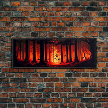 Load image into Gallery viewer, Forest Landscape Art, Forest Fire, Fall / Autumn Decor, Panoramic Wall Art, Framed Canvas Print, Orange and Yellow Fantasy Forest