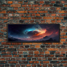 Load image into Gallery viewer, Beautiful Science Fiction Wall Art, Synthwave Style Scifi Art, Framed Canvas Print, Panoramic Alien Worlds and Star Filled Night Sky