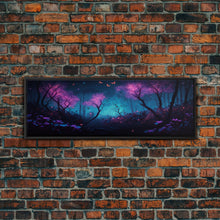 Load image into Gallery viewer, Beautiful Fantasy Forest, Framed Canvas Print, Fantasy Art, Butterflies and Fireflies Light up a Fairy Forest At Night, Framed Wall Art