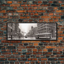 Load image into Gallery viewer, Detailed Street Sketch Canvas Print, City Wall Art, Bus, Cars, Buildings, Monochromatic Urban Art Print, Panoramic, Wall Art, Canvas Print