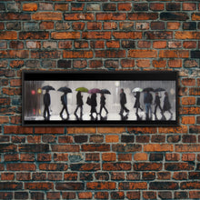 Load image into Gallery viewer, Crowd Walking With Umbrellas Canvas Print, Raining City Art, Urban Art, Large Urban Art Print, Wall Decor, Panoramic, Wall Art, Canvas Print