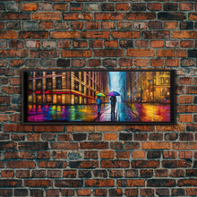 Cargar imagen en el visor de la galería, Colorful Umbrellas City Canvas Print, Large Urban Art Print, Two People Walking On Street, Vibrant Art, Panoramic, Wall Art, Canvas Print