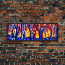 Cargar imagen en el visor de la galería, Forest On Fire, Red Flames, Blue Trees, Abstract Forest Art, Canvas Wall Decor, Large Art Print, Panoramic, Wall Art, Canvas Print