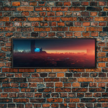Load image into Gallery viewer, Cyberpunk Cityscape, Ready To Hang Canvas Print, Panoramic, Cyberpunk Concept Art, Cityscape at Sunset, Cool mancave art, gift for him