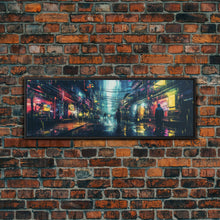 Load image into Gallery viewer, Cyberpunk Tokyo City Streets, Framed Canvas Print, Cyberpunk Style Wall Art, Synthwave Decor, Videogame Concept Art