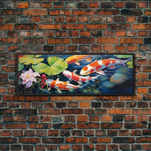 Load image into Gallery viewer, The Koi Pond Framed Canvas Print, Koi Fish Decor, Koi Fish Garden Wall Art, Koi Fish and Lilly Pads