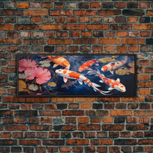 Load image into Gallery viewer, The Koi Pond Framed Canvas Print, Koi Fish Decor, Koi Fish Garden Wall Art, Koi Fish and Lilly Pads