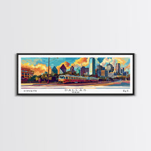 Load image into Gallery viewer, Dallas Texas Panoramic Wall Art Framed Canvas Print, Mid Century Modern Art, Pop Art Style, Travel Poster, Home Decor, Wall Hanging