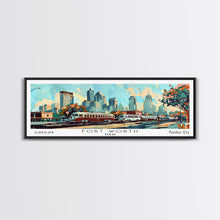 Carregar imagem no visualizador da galeria, Fort Worth Texas Panoramic Wall Art, Mid Century Modern Framed Canvas Print, Retro Pop Art Travel Poster, Office Art, Living Room Decor
