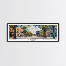 Load image into Gallery viewer, Carmel Indiana Panoramic Painting, Mid Century Modern Framed Canvas Print, Retro Pop Art Travel Poster, Home Decor, City Art