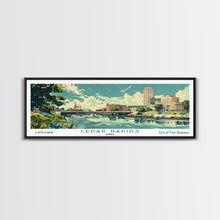 Cargar imagen en el visor de la galería, Cedar Rapids Iowa Panoramic Painting, Mid Century Modern Framed Canvas Print, Retro Pop Art Travel Poster, Living Room Wall Art Decor, City Print