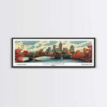 Cargar imagen en el visor de la galería, Columbus Ohio Panoramic Wall Art, Mid Century Modern Framed Canvas Print, Retro Pop Art Travel Poster, City Living Room Decor, Office Wall Art