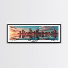 Load image into Gallery viewer, Detroit Michigan Panoramic Painting, Mid Century Modern Framed Canvas Print, Retro Pop Art Travel Poster, City Wall Decor, Home Art