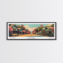 Cargar imagen en el visor de la galería, Cary North Carolina Panoramic Painting, Framed Canvas Print, Mid Century Modern Wall Art, Retro Pop Art Travel Poster, Living Room Decor, City Art
