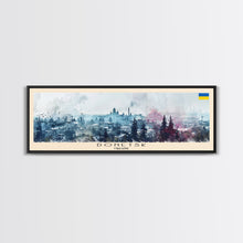 Load image into Gallery viewer, Donetsk Ukraine Panoramic Travel Poster, Framed Canvas Print or Metal Wall Art, Travel Art, Home Decor, Panoramic Painting, Midcentury Art