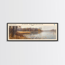 Load image into Gallery viewer, East Reservoir Ohio Framed Canvas Print, Lake House Art, Panoramic Wall Art, Travel Poster, Modern Lake Painting, Nature Art