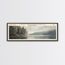Load image into Gallery viewer, Lake Winnipesaukee Framed Canvas Print, Lake House Decor, Panoramic Wall Art, Travel Poster, Landscape Painting, Modern Art
