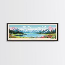 Load image into Gallery viewer, Amanka Lake Alaska Framed Canvas Print, Panoramic Wall Art, Midcentury Modern, Pop Art, Travel Poster, Living Room Art