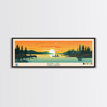 Load image into Gallery viewer, Basin Lake Saskatchewan Framed Canvas Print, Panoramic Wall Art, Midcentury Modern Lake House Decor, Pop Art, Travel Poster, Scenic Living Room Art