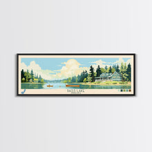 Load image into Gallery viewer, Bass Lake Indiana Framed Canvas Print, Panoramic Travel Poster, Midcentury Modern Wall Art, Pop Art, Nature Bedroom Decor, Lake House Art, Scenic Lake House
