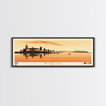 Load image into Gallery viewer, Big Spirit Lake Iowa Framed Canvas Print, Panoramic Wall Art, Midcentury Modern, Pop Art, Travel Poster, Scenic Lake House Art, Bedroom Decor