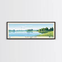 Load image into Gallery viewer, Black Hawk Lake Iowa Framed Canvas Print, Panoramic Travel Poster, Midcentury Modern Wall Art, Pop Art, Nature Bedroom Art, Scenic Lake House Decor