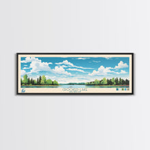 Load image into Gallery viewer, Crooked Lake Michigan Framed Canvas Print, Pop Art Panoramic Travel Poster, Midcentury Modern, Wall Art, Scenic Nature Painting, Bedroom Decor, Living Room Art