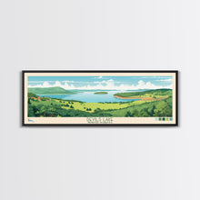 Load image into Gallery viewer, Devils Lake North Dakota Framed Canvas Print, Midcentury Modern Panoramic Wall Art, Living Room Decor, Pop Art, Travel Poster Art, Scenic Nature Painting