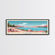 Load image into Gallery viewer, El Vado Lake New Mexico Framed Canvas Print, Panoramic Art, Midcentury Modern, Pop Art, Bedroom Decor, Travel Poster, Serene Lake Art