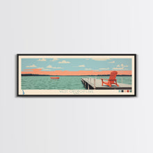 Load image into Gallery viewer, West Okoboji Lake, Iowa Panoramic Framed Canvas Print, Lake House Art, Midcentury Modern Decor, Pop Art, Travel Poster, Bedroom Wall Art