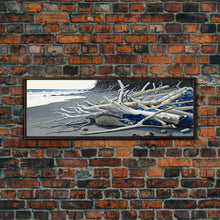 Carregar imagem no visualizador da galeria, Driftwood, Panoramic Framed Canvas Print, Pacific Northwest / Washington State Driftwood Washed Up On The Shore, Extra Wide Format Art