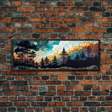 Cargar imagen en el visor de la galería, Extra large 24 x 72 wall art, framed canvas print, abstract pine tree forest painting, painting of a forest fire against a starry night sky