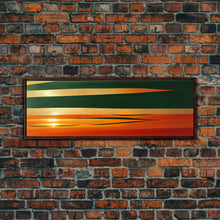 Load image into Gallery viewer, Art Deco Wall Art, Framed Canvas Print, Emerald Green and Gold Palm Tree Leaves and Sunset, Panoramic Ultrawide Art, Large Format Wall Decor