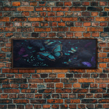 Load image into Gallery viewer, Blue Butterflies, Framed Canvas Print, Bioluminescent Glowing Butterfly Art, Framed Wall Art