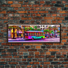 Load image into Gallery viewer, Colorful Vibrant Tram Wall Art, Palm Trees Art Print, Colored Pencil Sketch, Framed Canvas, Abstract Art, Panoramic, Wall Art, Canvas Print
