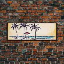 Load image into Gallery viewer, Couple In Beach Scene Art, Minimalist Beach Canvas Art Print, Palm Trees, Canvas Wall Art Beach, Panoramic, Wall Art, Canvas Print