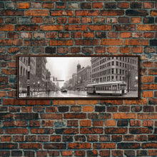 Load image into Gallery viewer, Detailed Street Sketch Canvas Print, City Wall Art, Bus, Cars, Buildings, Monochromatic Urban Art Print, Panoramic, Wall Art, Canvas Print
