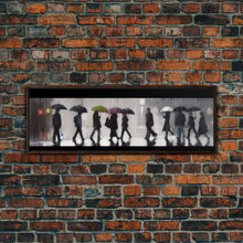 Load image into Gallery viewer, Crowd Walking With Umbrellas Canvas Print, Raining City Art, Urban Art, Large Urban Art Print, Wall Decor, Panoramic, Wall Art, Canvas Print