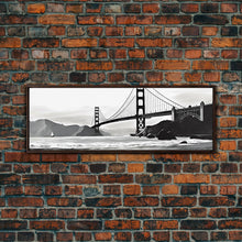 Load image into Gallery viewer, Black And White Suspension Bridge Canvas Print, Large Urban Art Print, Sailboat, River, Landscape, Panoramic, Wall Art, Canvas Print