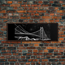 Load image into Gallery viewer, Black And White Suspension Bridge Canvas Print, Large Urban Art Print, Line Art, Chalk Wall Decor, Panoramic, Wall Art, Canvas Print